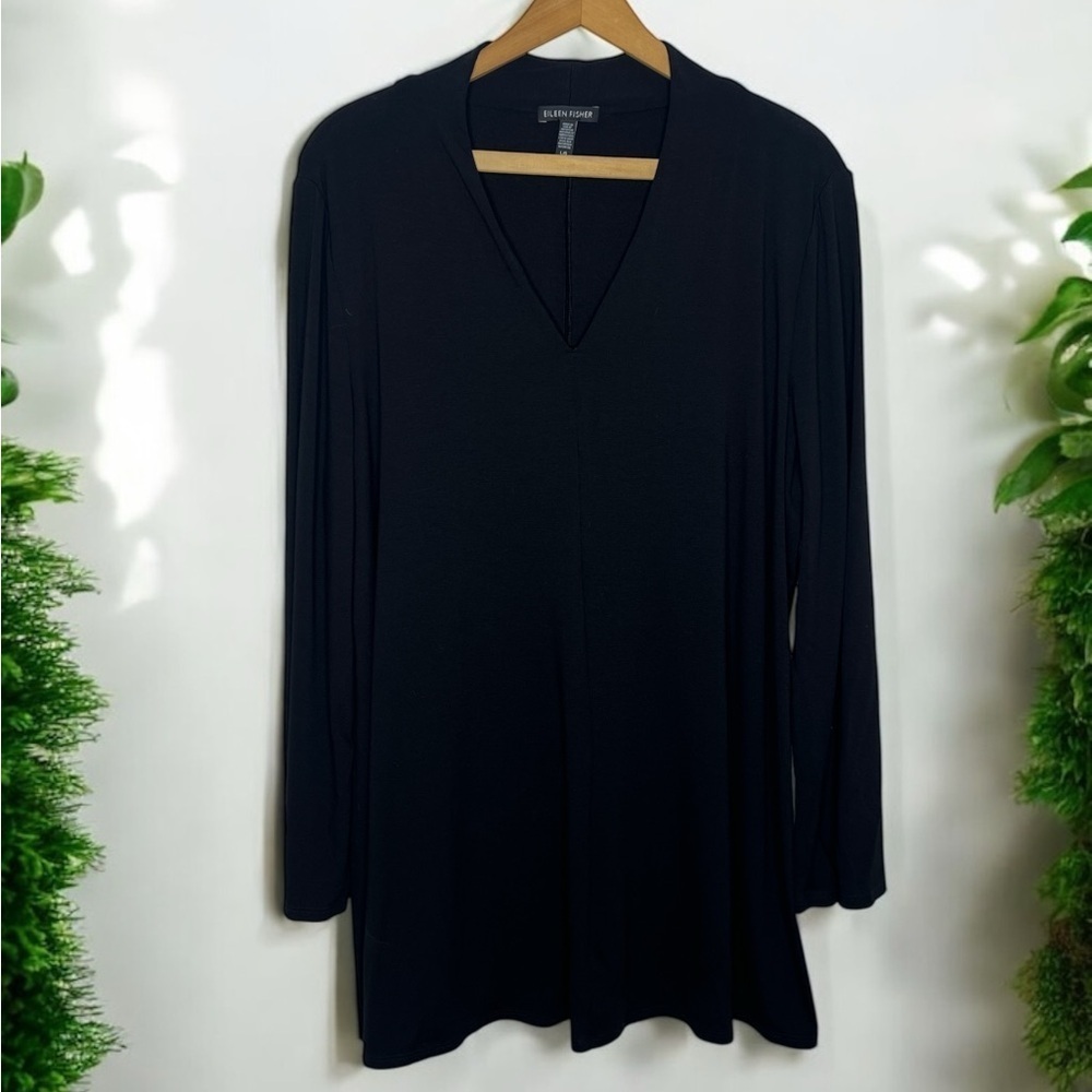 Eileen Fisher Black Longline V-Neck Flowing Tunic Top Minimalist Size L
